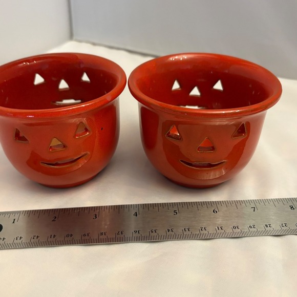 Pier 1 Imports 1990 Ceramic Pumpkin Tealight Holders Halloween Decor Fall Candle - Picture 6 of 9